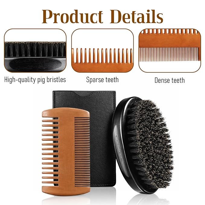 Boar Bristle Beard Brush for Men, Beard Comb Dual-Sided Wood Comb Mustache Shaving Brush Beards Grooming Tools with Travel Pouch