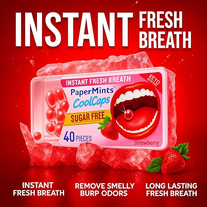 PaperMints CoolCaps - Instant Fresh Breath Mints Sugar-Free 4 Pack - 160 capsules. Extreme Bad Breath Treatment for Adults, Breath Freshener Pearls for Halitosis Treatment Keto-Friendly Strawberry