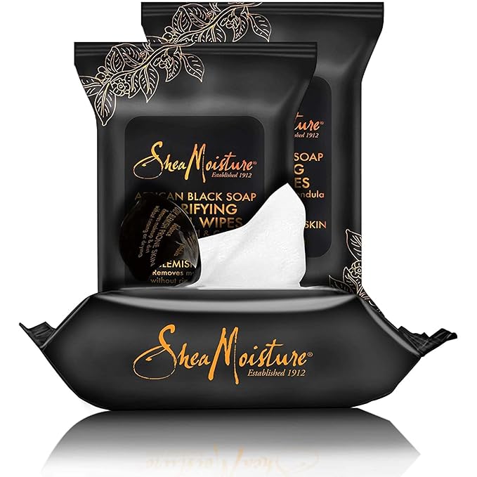 Shea Moisture Makeup Remover Face Wipes, African Black Soap, With Tea Tree Oil & Calendula, Removes Makeup & Dirt to Clarify Oily Blemish Prone Skin, Pack of 2, 30 Wipes Per Pack