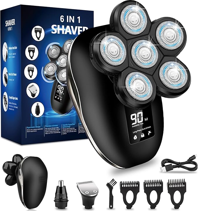 Electric Shaver for Men, 6 in 1 Electric Razor for Men, IPX7 Wet/Dry Waterproof Men's Shavers Rotary Head with Shavers Kit LED Display, Gifts for Husband, Dad,Boyfriend (Silver)