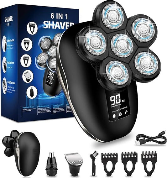 Electric Shaver for Men, 6 in 1 Electric Razor for Men, IPX7 Wet/Dry Waterproof Men's Shavers Rotary Head with Shavers Kit LED Display, Gifts for Husband, Dad,Boyfriend (Silver)