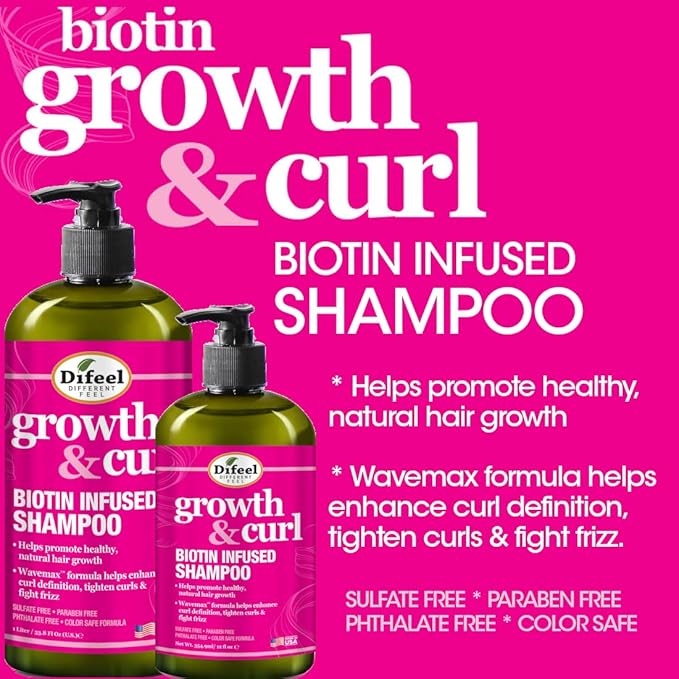 Difeel Growth and Curl Biotin Shampoo 12 oz. - Curly Hair Shampoo for Hair Growth, Natural Curl Shampoo