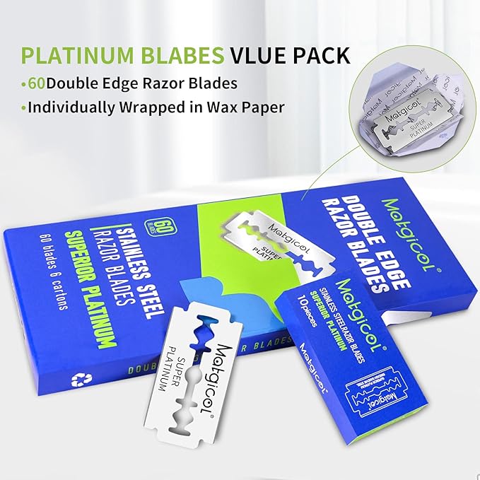 Double Edge Razor Blades for Men - 60 Count Men's Safety Razor Blades for Shaving Premium Platinum Japanese Stainless Steel - Durable, Smooth and Clean Shaves
