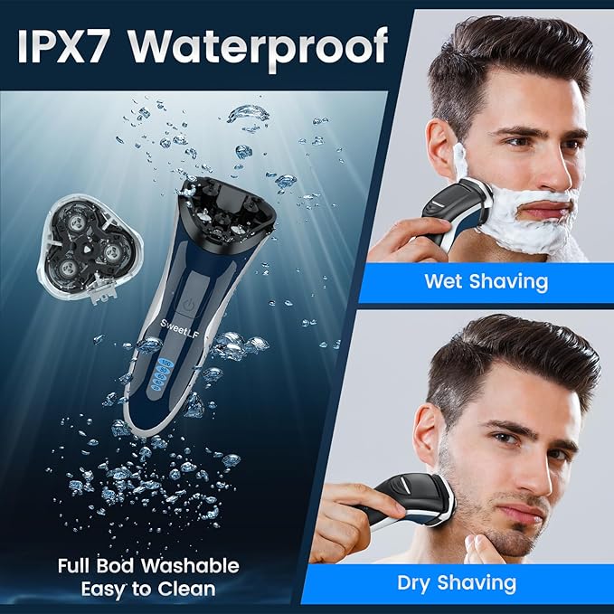 Electric Razor for Men, Electric Shaver for Men Waterproof/Rechargeable/LED Display, Men’s Shavers Wet & Dry Rotary Shavers Gift for Dad Husband Boyfriend (Navy Blue)