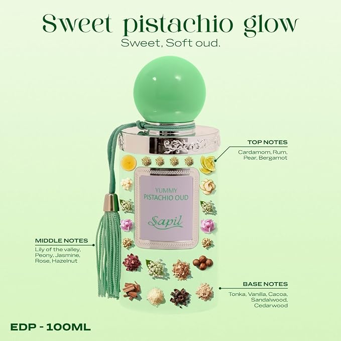 Sapil Yummy Pistachio Oud Eau de Parfum – Long Lasting Unisex Gourmand Floral Perfume | Pistachio, Jasmine & Vanilla Notes | Creamy Sweet Oud Fragrance | 3.4 oz / 100ml