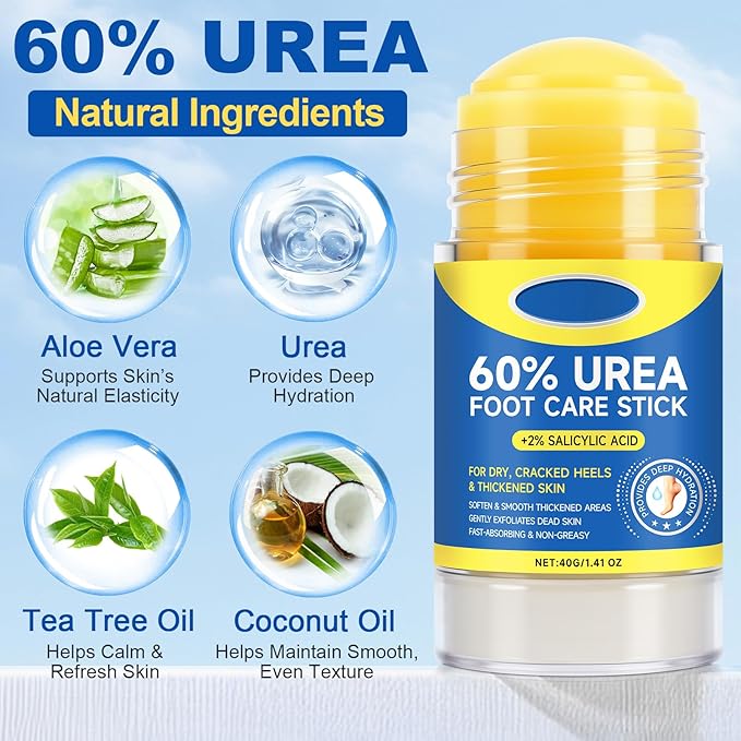 60% Urea Foot Cream Stick with 2% Salicylic Acid, Maximum Strength Urea Foot Cream Callus Remover for Dry Cracked Heels, Hands, Knees,Exfoliating Moisturizer, Dead Skin Remover Foot Balm 1.4oz