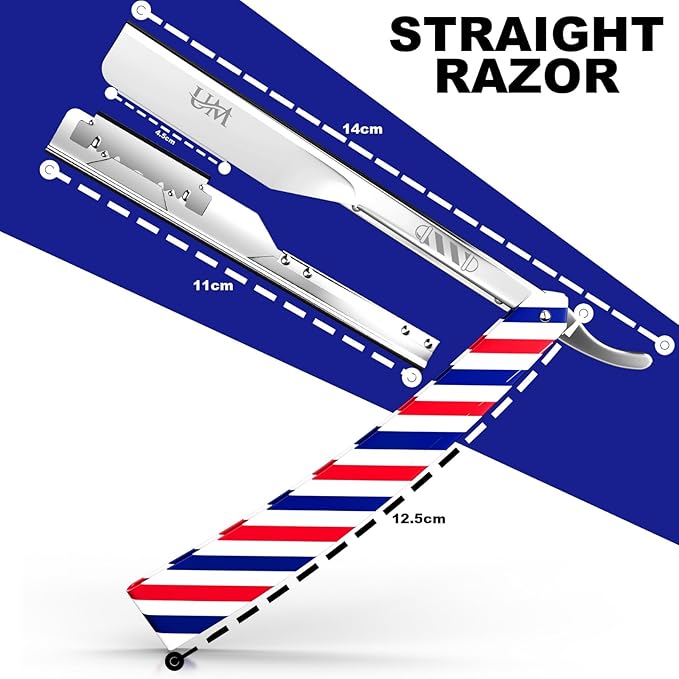 UM Supplies Straight Razors for Men – Professional Barber Straight Edge Razor Kit with 10 Replaceable Insert Single Edge Blades - Navajas Para Barbero Barber Pole Design (Red, White, Blue)