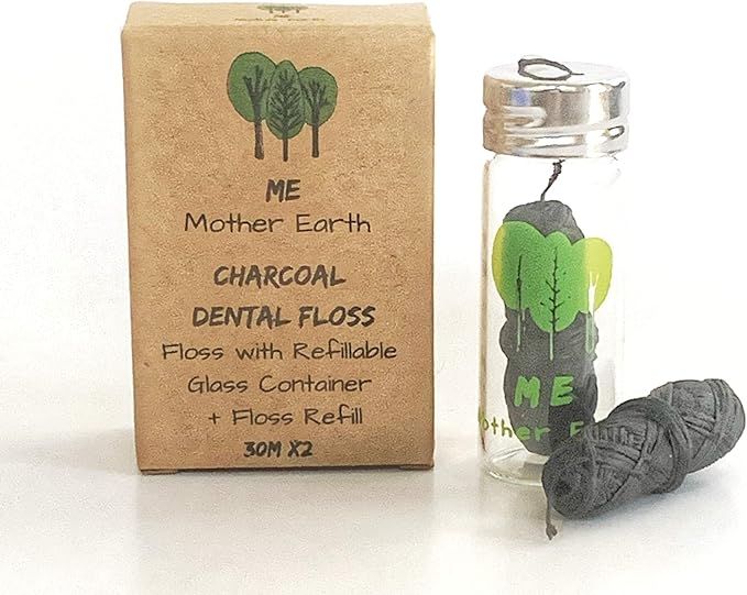 Vegan Biodegradable Bamboo Charcoal Dental Floss with Refillable Glass Container | Free Refill | Natural Candelilla Wax | 30M x2 | Peppermint Essential Oil | Eco Friendly Zero Waste Oral Care