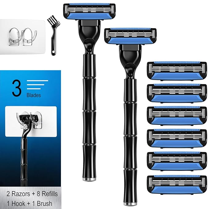 3-Blade Men Razor with Lubricating Strip & Pivoting Head - Safety Razor Blades Kit Includes 2 Handles, 8 Razor Blade Refills, Wall Hook & Cleaning Brush