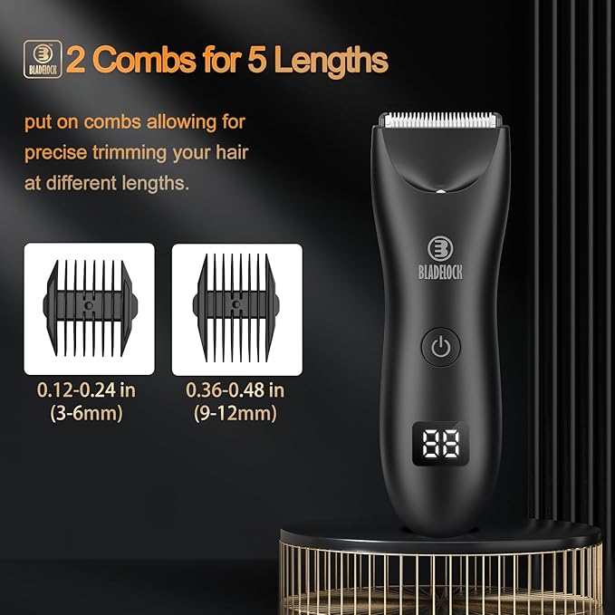 Favrison Body Hair Trimmer for Men, Electric Ball Trimmer with Ceramic Blade, Waterproof Pubic Groin Hair Trimmer for Mens Grooming Kit with LCD Display & Recharge Dock (Black)