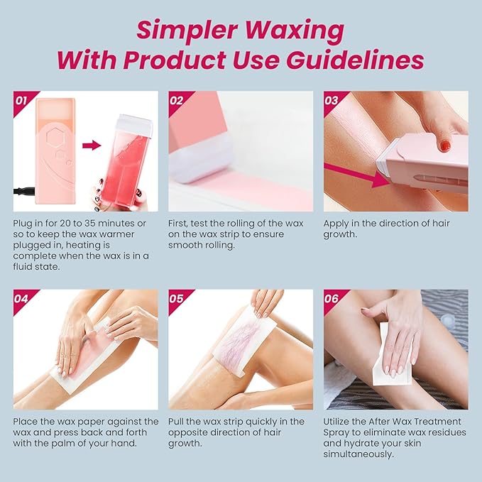 Roll On Wax Kit, Portable Wax Roller Kit for Coarse/Fine Hair Removal, Beginners Waxing Roller for All Skin Types with 3 Pcs 100g Roll Cartridge, 100 Non-Woven Strips & 10 After Oil Wipes (F0_Pink)