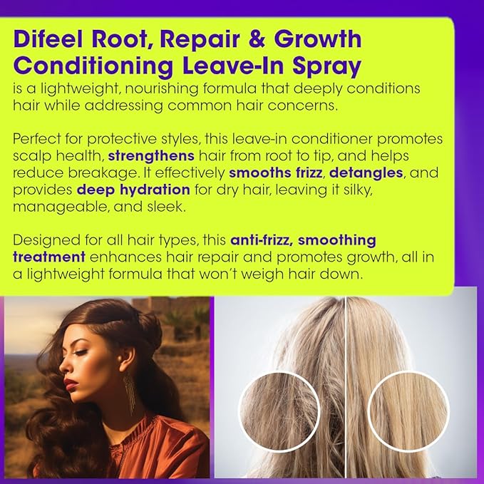 Difeel Root, Repair & Growth Conditioning Leave-in Spray 8 oz. for Stronger, Smoother, Healthier Hair with Deep Conditioning, Scalp Protection, Hair Growth and Frizz Control
