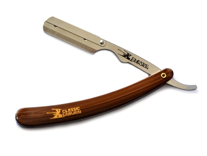 Stainless Steel Professional Barber Folding Straight Edge Razor Shavette Men's Shaving Kit with 200 Count Lord Single Edge Razor Blades (Brown)