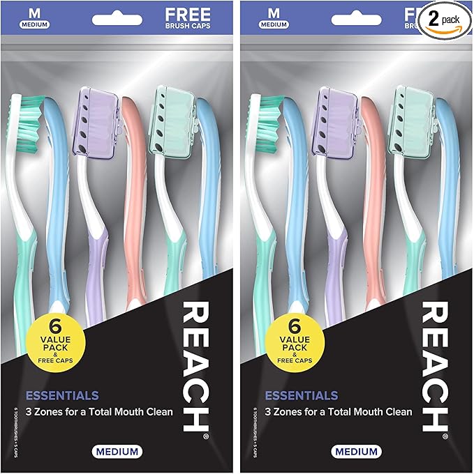 Reach Toothbrush, Medium Bristles, Contoured Handle | Multi-Angled Bristles | Tongue Scraper | Includes Covers | 12 Count Total