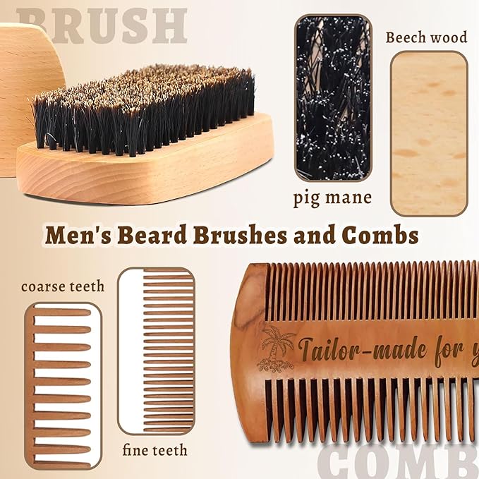 Personalized Beard Brush for Men & Beard Comb Set Natural Boar Bristle Brush and Dual Action Pear Wood Comb with Custom Name Text Icon Gift for Dad Groomsmen Boyfriend (beard comb and brush)