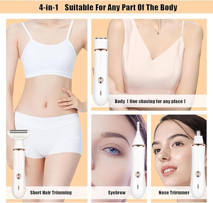 Electric Razor for Women,4-in-1 Women’s Facial Hair Removal for Face Nose Eyebrow Beard Arm Leg Armpit, Rechargeable Womens Body Shavers Set（White）