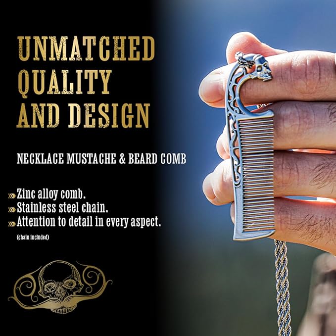 Defender Mustache Balm 1 oz Tin & Necklace Death Grip Mustache Comb Mens Combo Kit - Grooming For Men Handlebar Moustache