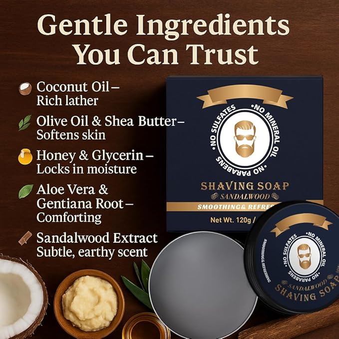 Shaving Soap for Men, Hydrating Shave Soap, Shave Bar for Soft, Smooth Skin, Sandalwood