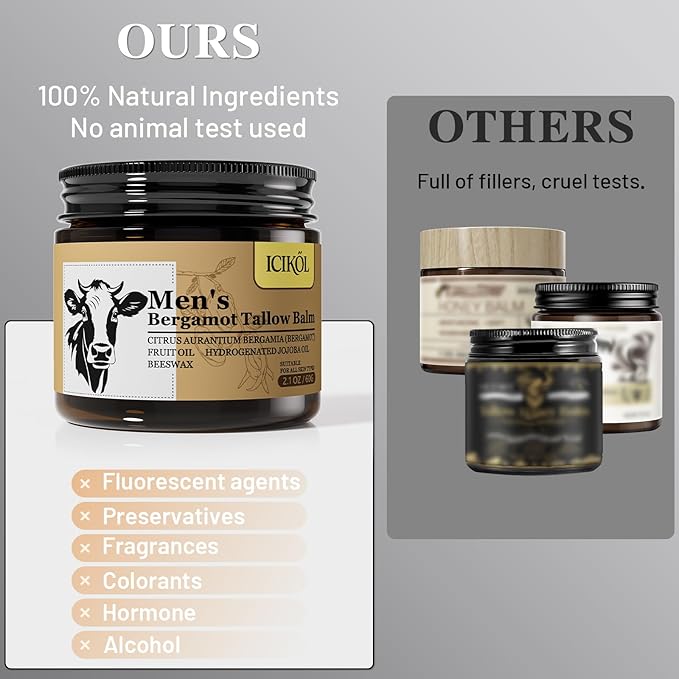 Beef Tallow Honey Balm, Grass-Fed Tallow Moisturizer for Face & Beard, Deep Hydration Cream with Bergamot Scent, Handmade Natural After Shave Care for Men, 2.1 oz