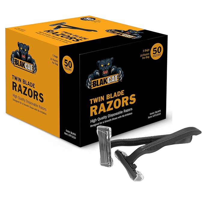 Dukal BlakCat Disposable Razors – 5 Bags/Box (50 Razors Total), Black, Twin Blade, Non-Sterile, Ergonomic Handle – Black Razors for Tattoo, Medical, Salon and Personal Use