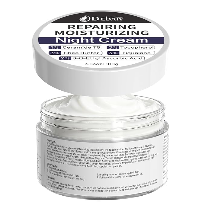 Night Cream Moisturizer Face with 3% Tocopherol, 3% Shea Butter, 2% Vitamin C, 1% Ceramides Boosts Skin Barrier for All Skin Types (3.53oz/100g)