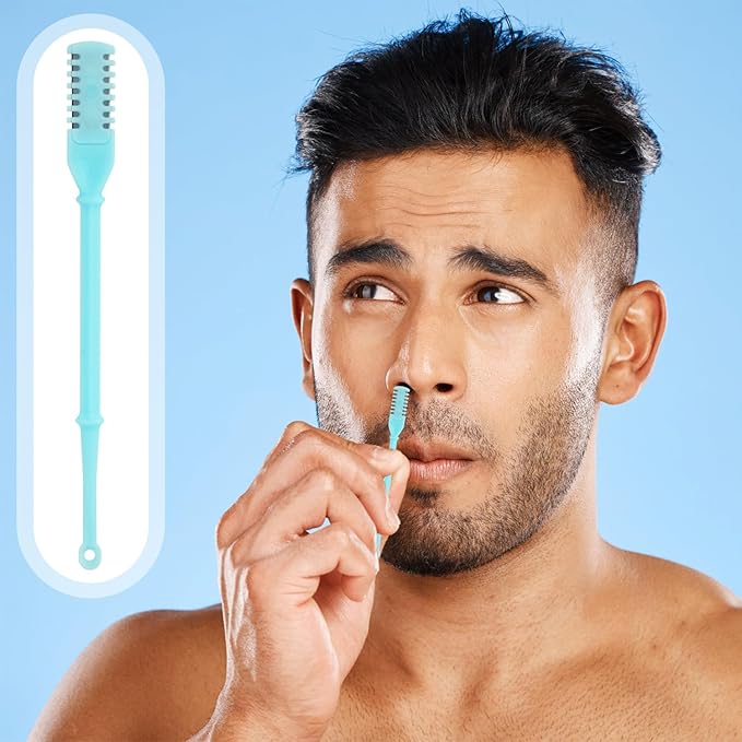 PEUTIER 12pcs 2 in 1 Nasal Hair Cutter, 360 Rotating Nose Hair Trimmer for Men Women Double Sided Nose Hair Cleaner with Ear Picker Portable Manual Nostril Hair Removal Tool (Blue)