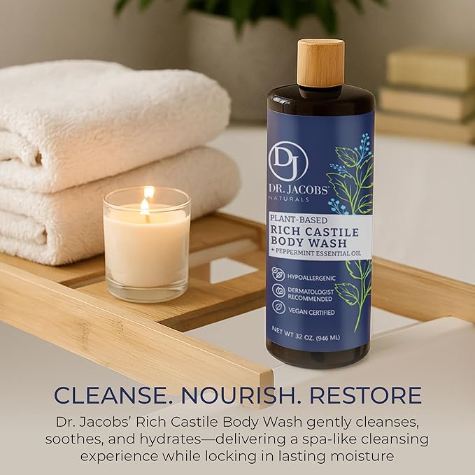 Dr. Jacobs Naturals Pure Castile Soap Liquid Body Wash, Peppermint - Plant Based Soap Infused with Vitamin E and Aloe Vera to Moisturize Dry and Sensitive Skin - Made in The USA - 32 oz, Pack of 2
