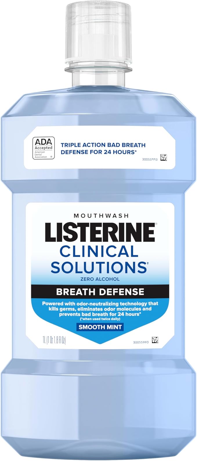 Listerine Clinical Solutions Breath Defense Alcohol Free Mouthwash, Oral Rinse with a Triple-Action Formula Fights Bad Breath for 24 Hours, Smooth Mint Flavor, 1 L