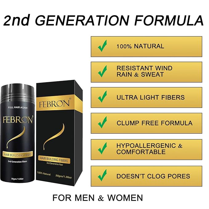 FEBRON Hair Fibers For Thinning Hair BLACK Giant 30G For Women & Men Hair Loss Concealer Hair Powder Volumizing Based 100% Undetectable & Natural - Bald Spots Filler