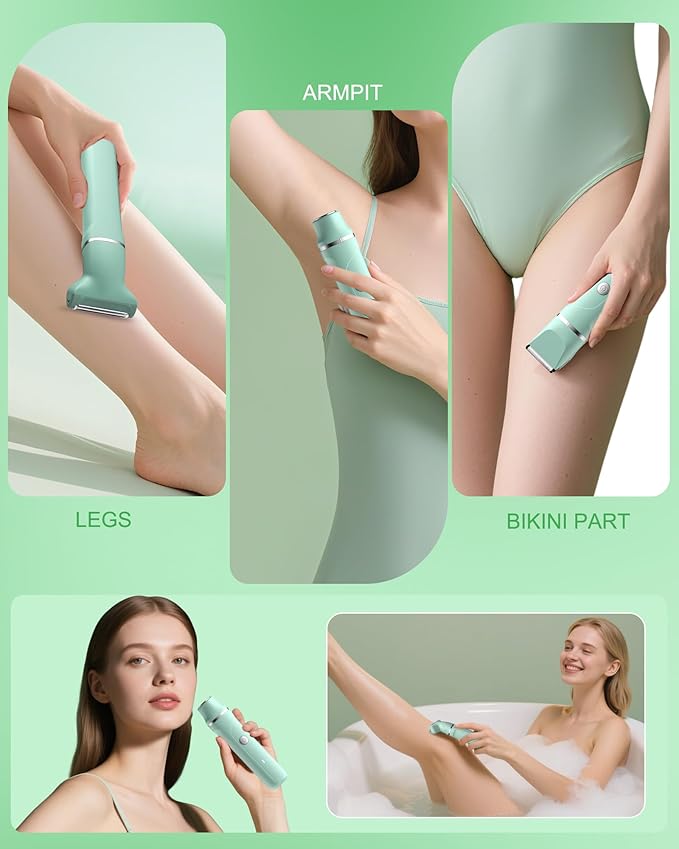 AREYZIN Bikini Trimmer for Women, 3-in-1 Electric Shaver for Women, Electric Razors and Body Shaver, IPX7 Waterproof, USB-C Charging, Travel Trimmer for Face, Legs, Bikini Line & Foil, Light Green