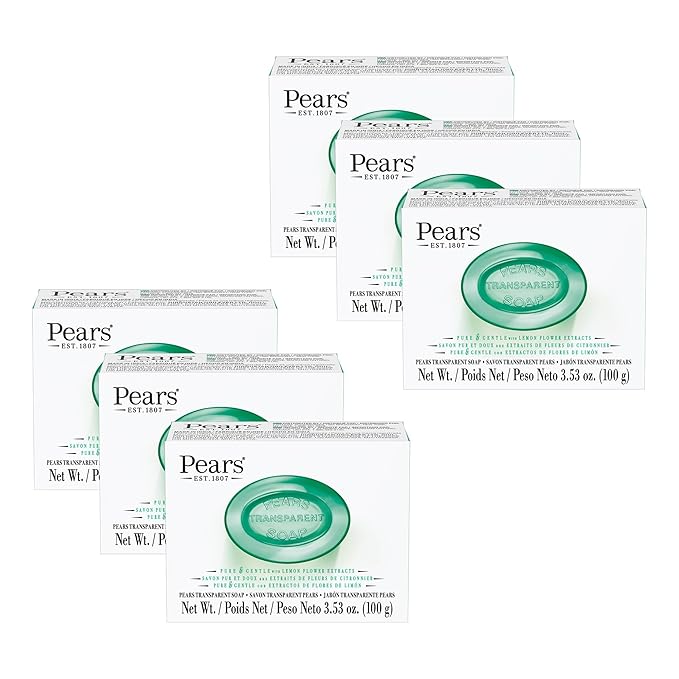 Pears Pure and Gentle with Glycerin and Lemon Flower Extracts - Transparent Soap Bar for Radiant Skin - Bar Soap for Women and Men - Green - 6 pc
