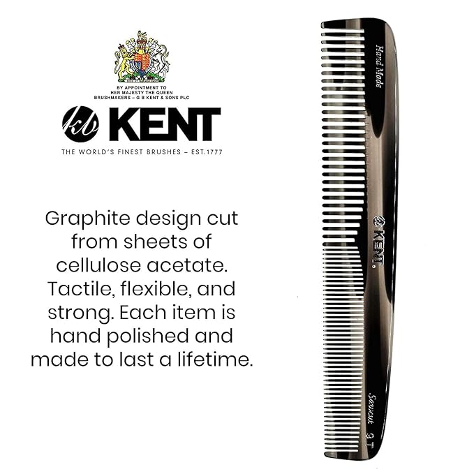 Kent 9T Double Tooth Dressing Table Comb, Tortoise Fine and Wide Tooth Coarse/Fine Dresser Comb for Hair, Beard, Mustache Styling, Grooming - For Men, Women, and Kids, Made in England