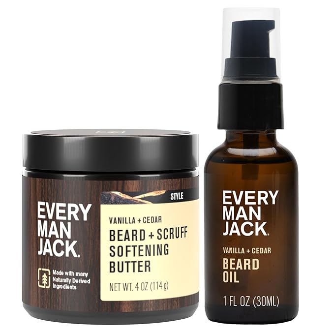 Every Man Jack Beard Oil & Scruff Softening Butter Bundle - Vanilla + Cedar Scent - Rejuvenates, Hydrates & Styles Dry Beards - Naturally Derived with Cocoa Butter and Shea Butter