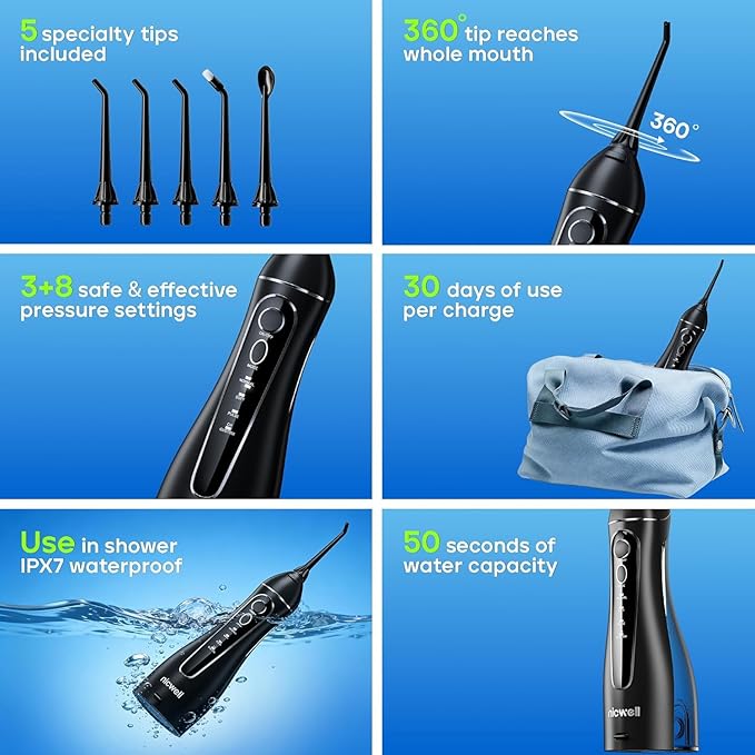 Nicwell Water Dental Flosser for Teeth - 4 Modes & 11 Pressure Settings Cordless Portable Oral Irrigator, IPX7 Waterproof Rechargeable with 5 Tips for Braces Cleaning, Travel, Deep Teeth Cleaning