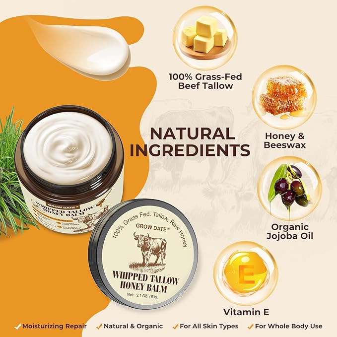 Beef Tallow for Skin - Organic Tallow and Honey Balm for Face - Whipped 100% Grass-Fed Beef Tallow & & Raw Honey, Body Deeply Nourishing for Women & Men, Suitable for All Skin Type - Unscented 2.1 OZ