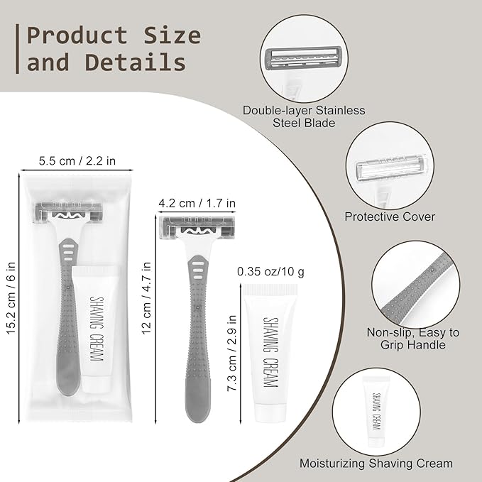 Disposable Razors Bulk, Razors Individually Wrapped Bulk, Travel Razors Bulk With 10g Shaving Cream For Hotels, Shelters, Homeless, Nursing Homes, Charities, Churches (Gray,50-PACK)