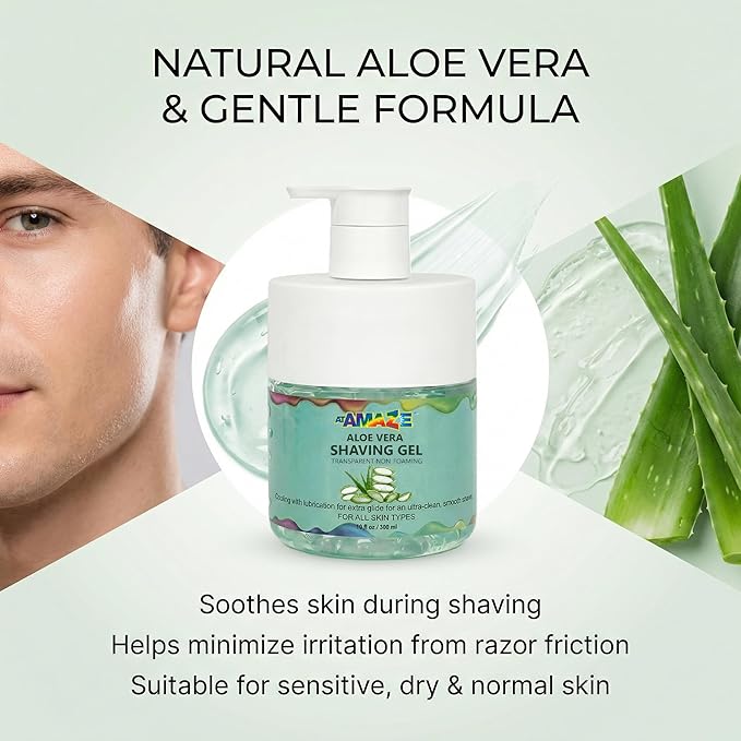 Aloe Vera Shaving Gel for Men & Women – Transparent Shave Gel with Aloe Vera, Natural Moisturizing & Cooling Shave Gel for Sensitive Skin, Smooth Razor Glide, Non-Foaming.