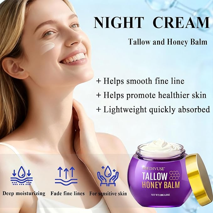 Tallow and Honey Balm - 100% Grass-Fed Beef Tallow for Skin with Organic - Deeply Moisturizing Beef Tallow for Face Body - Natural Formula Care for Dry & Sensitive Skin 4.3OZ, Whipped beef honey cream