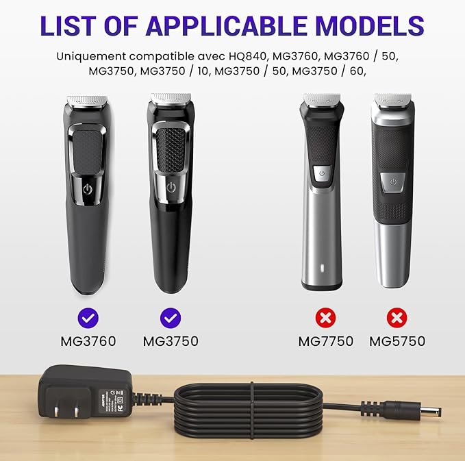 8V Power Cord Fit for Philips Norelco HQ840 Multigroom Series 3000 MG3750 MG3750/10 MG3750/50 MG3750/60 MG3760 MG3760/50 Electric Shaver Trimmer Razor Replacement Charger Supply