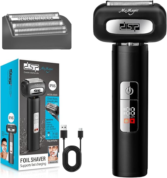 DSP Electric Shavers for Men, IPX6 Waterproof, Type-C, Rechargeable Shaver, 4-Blade Cutting System, Electric Foil Shaver, Travel Lock (Black)
