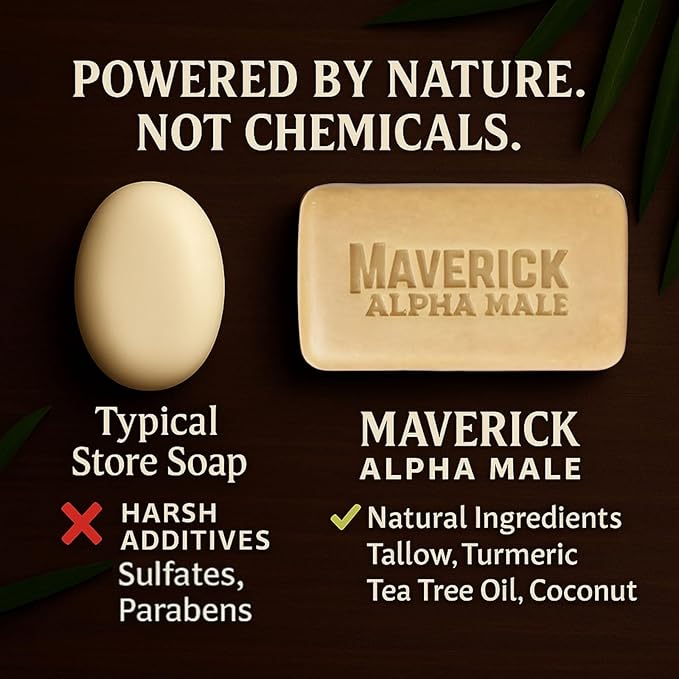 Maverick Alpha Male Soap and Health Brand Unscented Tallow Soap for Men – Natural Bar with Coconut, Tea Tree & Turmeric | Deep Clean, Moisturizing, Sensitive Skin