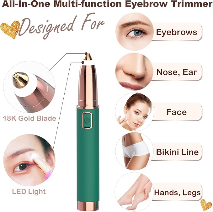 Eyebrow Trimmer for Women - Electric Eye Brow Razor with LED Light Painless & Easy Clean for Eyebrows Face Nose Ear Hair Chin Lips Peach Fuzz Bikini Lines & Other Detailing - Battery Operated (Green)