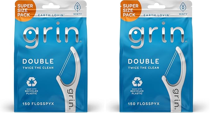 GRIN Double Flosspyx, Floss Picks, 150 ct, Dental Flossers, Minty Flavor, Recycled Plastic, 2 Lines of Strong Floss, Longer Floss Head, Traps Food and Plaque, Includes Safe Soft Fold-Back Tooth Pick