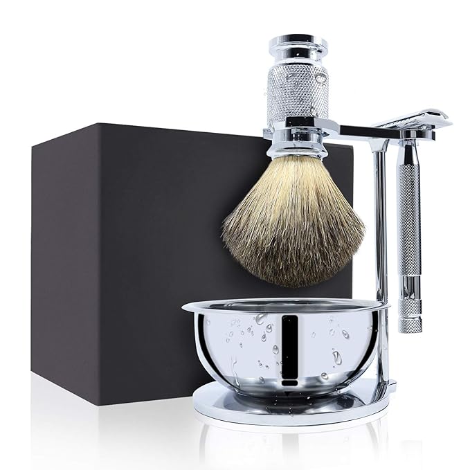 Jolitac Wet Shaving Kit For Men - Badger Hair Shaving Brush, Stainless Steel Bowl Mug, Double Edge Safety Razor, Men's Safety Razor Grooming Gift Set (Silver)
