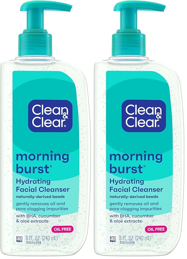 Clean & Clear Morning Burst Hydrating Facial Cleanser with BHA,Cucumber & Aloe Extracts,Refreshing Face Wash for Soft,Smooth-& Clear Skin,8 fl. oz,(Pack of 2)