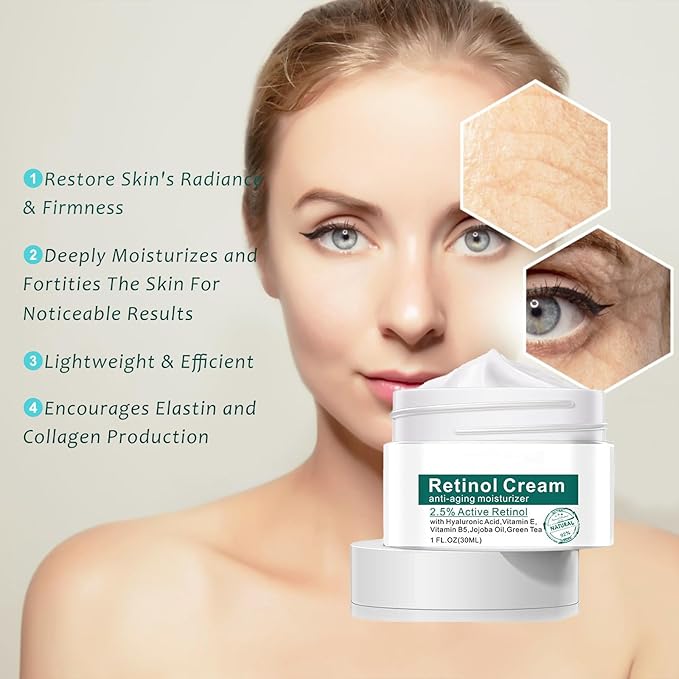 2.5% Active Retinol Cream for Face, Wrinkle Cream for Women with Hyaluronic Acid, Anti-Wrinkle Day and Night Cream for Women Anti Aging Face Creams for Women & Men All Skin Types