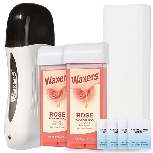 Roll on Wax Kit Professional Soft Wax Roller Depilatory for Coarse & Thick Hair Removal Waxing Roller Cartridge for Women Men at Home Rose