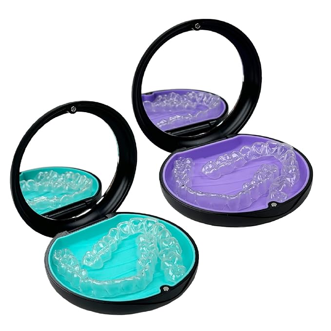 2 Pack Aligner Case with Mirror,Convenient Retainer Case for Invisalign Aligners, Night Guards, and Mouth Guards (1PC Black Cyan+1PC Black Purple)