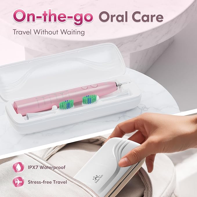 Pink Electric Toothbrush for Adults Rechargeable Sonic Toothbrush Ultrasonic Toothbrush with Travel Case, Holder & 7 Brush Heads, 6 Modes & 3 Intensities, 2-Minute Timer (Pink)