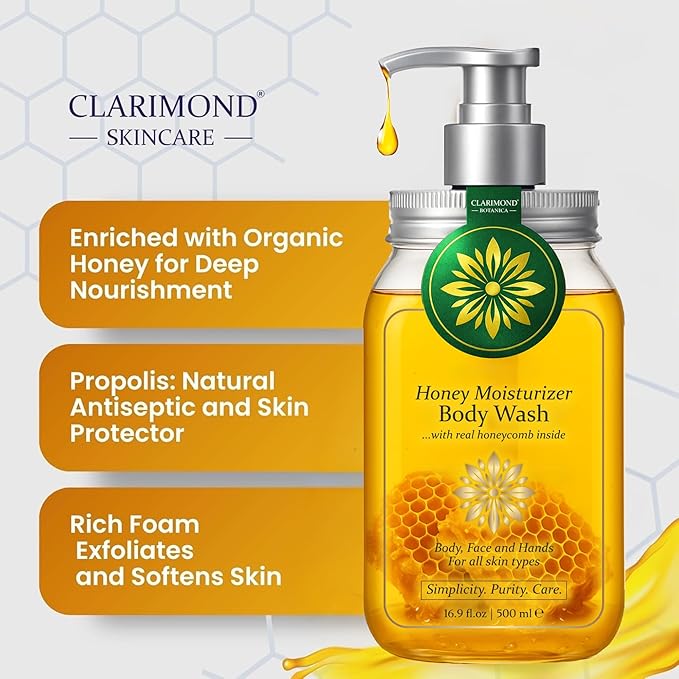 Organic Honey Body Wash – Honey Shower Gel w/Royal Jelly, Propolis & Real Honeycomb – Body Wash for Dry & Sensitive Skin – 16.9 fl oz / 500 ml Pump Bottle, Paraben & Sulfate Free